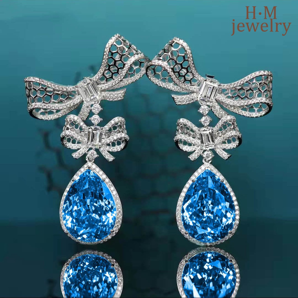 Set Kalung Anting Stud Cincin Desain Pita Aksen Berlian Topaz Biru