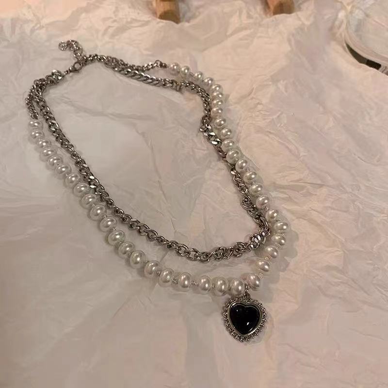 Kalung Rantai Klavikula Hias Mutiara Ganda Warna Hitam Gaya Retro Untuk Aksesoris