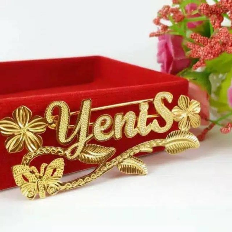 Bros ukir nama Bross mawar custom lapis emas24k