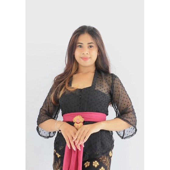(Kebaya Saja) Kebaya bali sifon dot rubia lengan lonceng-Hitam