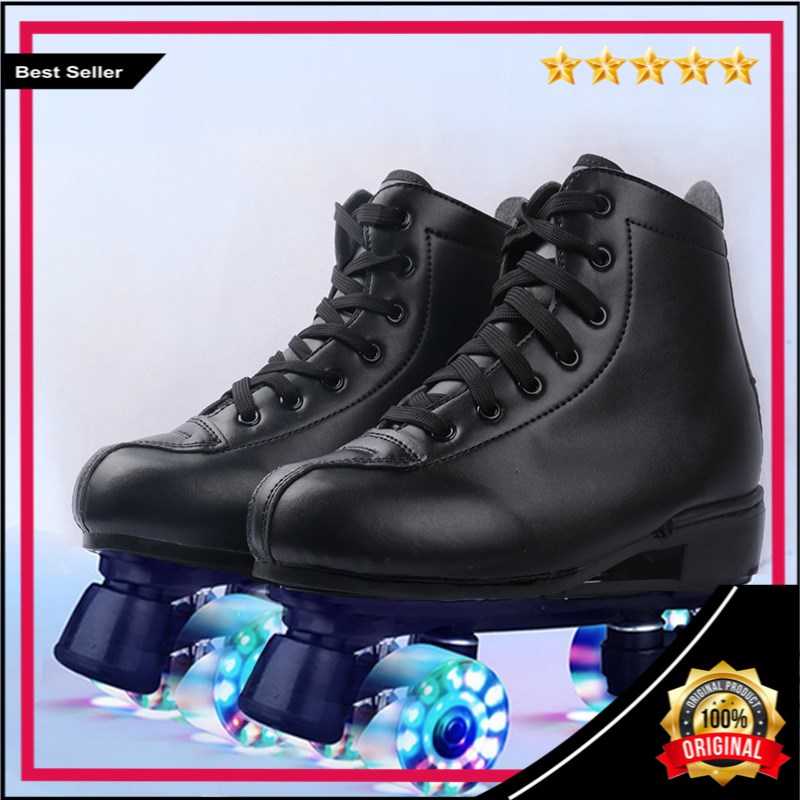 Pu Kulit Putih Kulit Hitam Dewasa Double Row Skating Sepatu Sepatu Roda Dewasa Pria  Wanita Roda Bar