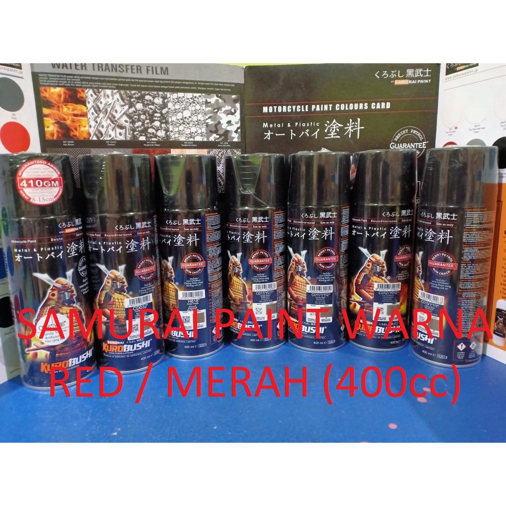 Samurai Paint Kurobushi Cat Semprot Pilox Pilok Varian Warna Merah / Red ( Merah Doff, Merah Glossy, Merah Metalik, Merah Ferrari, Merah Cabe, Candy Red, Brilliant Red, Matte Red,, dll ) 400cc/400ml