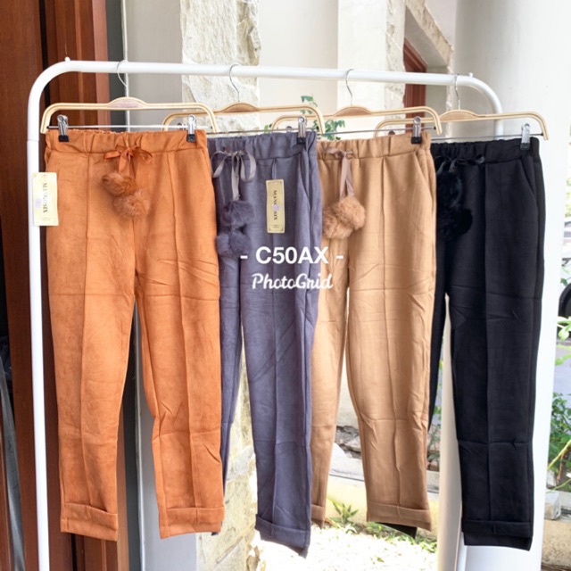 FW C50AX Celana Suede Pompom Import bukan lokal | Celana Pompom Suede | PREMIUM SUEDE PANTS