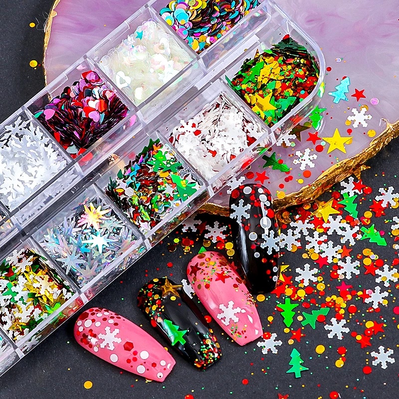 12 Grids 3D Snowflakes Christmas Tree Metal Sequins / Laser Glitter Christmas Nail Art Sequins / DIY Nail Art Tools / Professional Manicure Accessories