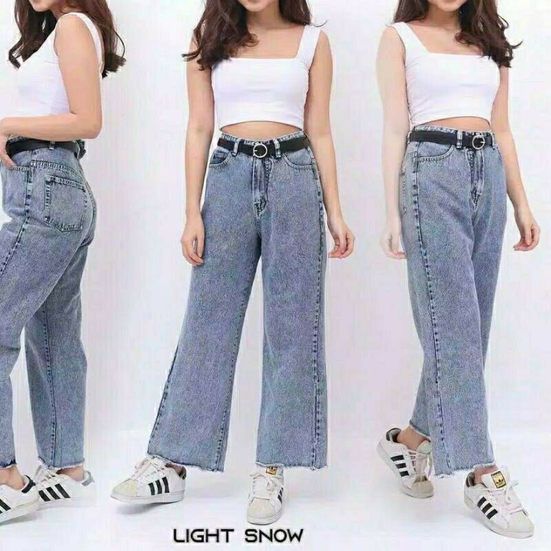 FREE BELT HIGH WAIST CELANA KULOT JEANS RAWIS DAN POLOS SNOW ACID / CELANA KULOT RAWIS