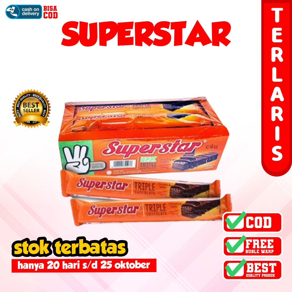 

SUPERSTAR WAFER TRIPLE CHOCOLATE SNACK MAKANAN RINGAN BISKUIT KRIM COKLAT ( 1 BOX ISI 12 PCS )