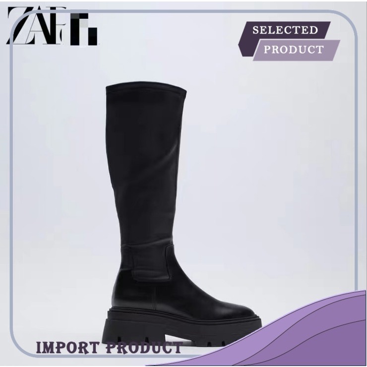 Sepatu Boot Wanita Za  Ngin  New  Panjang  Hitam Sapi Gelombang tebal Tambah Tinggi Tuba Kulit Sepat
