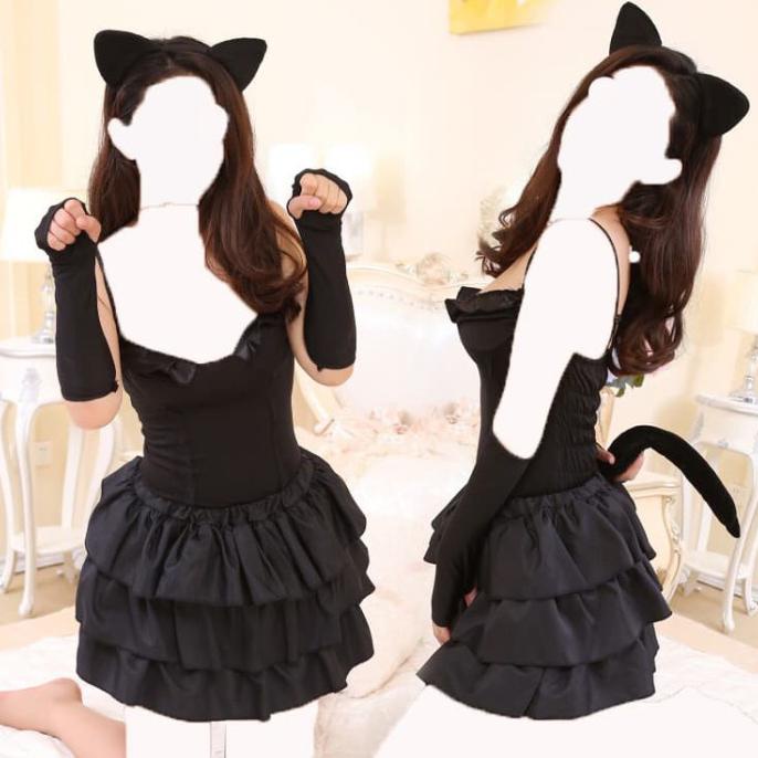 Lingerie Murah Set Lingerie G-String Kostum Wanita Cosplay Kucing Dengan Ekor A193 - Hitam