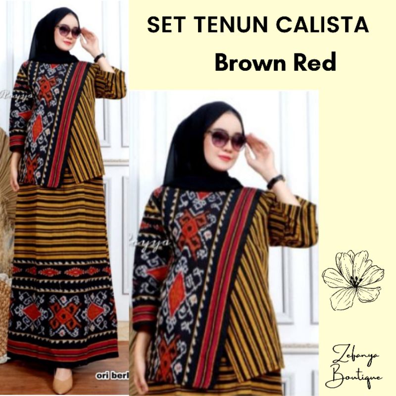 SET TENUN CALISTA BROWN RED - SETELAN TENUN IKAT JEPARA - BAJU TENUN - ATASAN TENUN - ROK TENUN