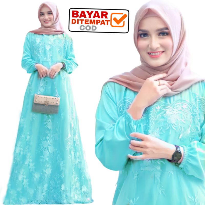 Size L XL XXL / Gamis Muslim Farasya / Maxi Brukat Selma Tulle Premium Jumbo Murah Brokat Navy Marun-Baby blue