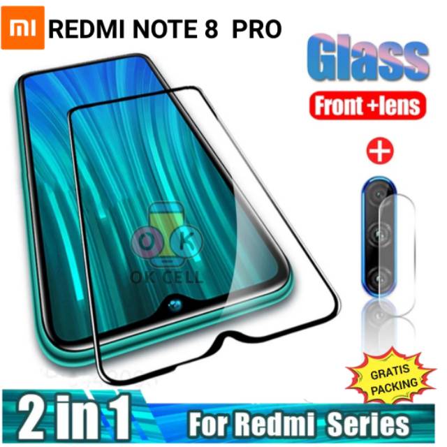 2in1 Xiaomi Redmi Note 8 Pro Temperes Glass Full Layar Kamera TG Anti Gores Kaca Premium