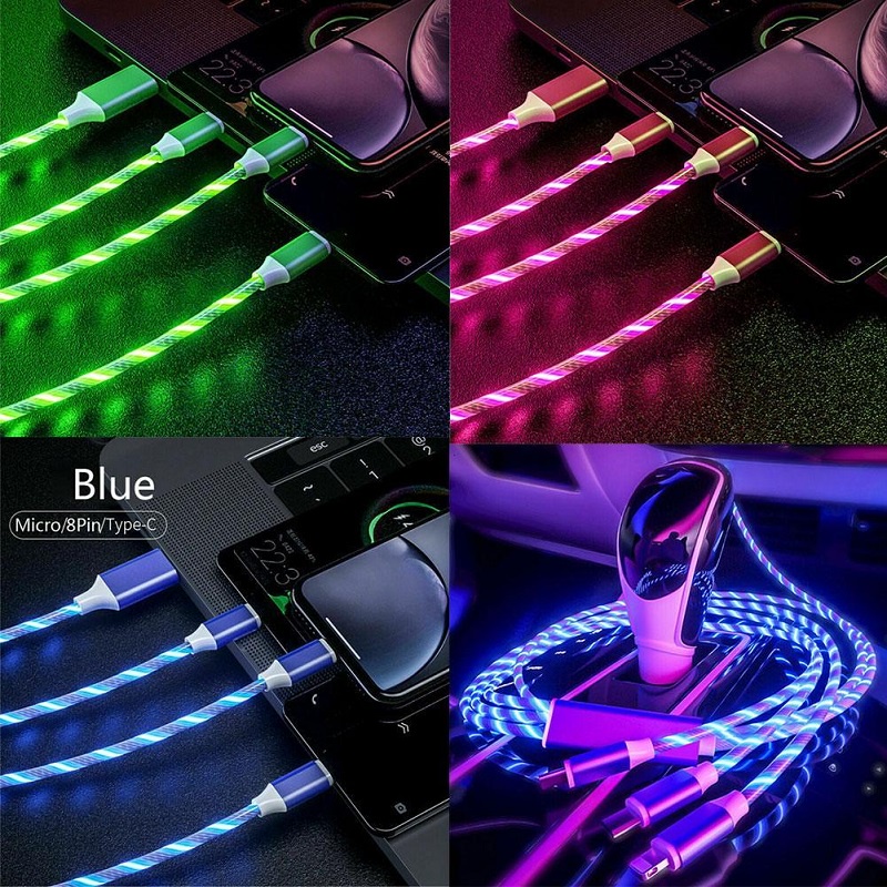 3in1 Kabel Data / Charger Micro Usb / Tipe-c 5a Fast Charging Dengan Lampu Led Untuk Android