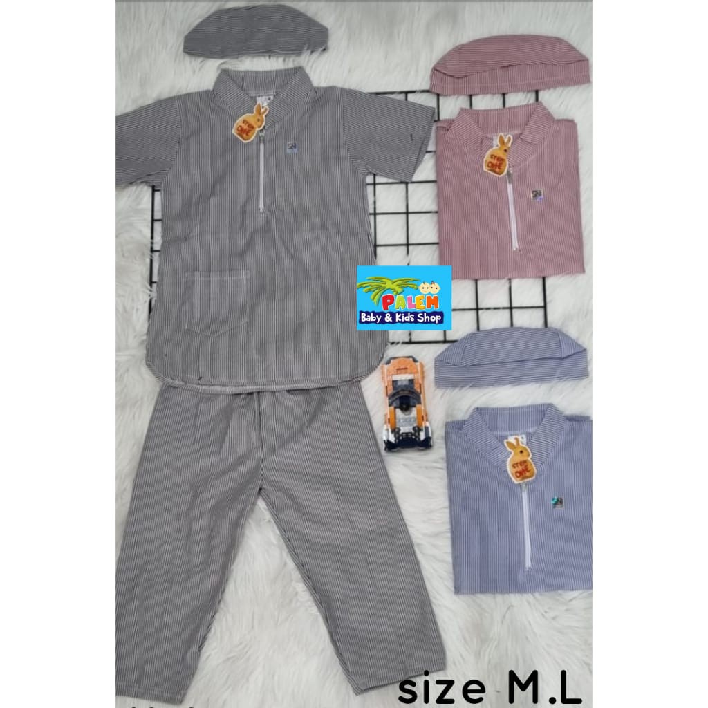 Baju Koko Muslim Anak Laki-Laki Salur + topi size M.L 052-6