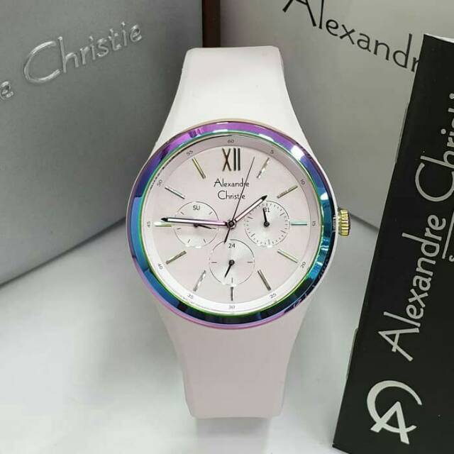 JAM TANGAN WANITA / CEWEK ALEXANDRE CHRISTIE PEACH TALI RUBBER ORIGINAL - PINK BIRU KARET AC 2773