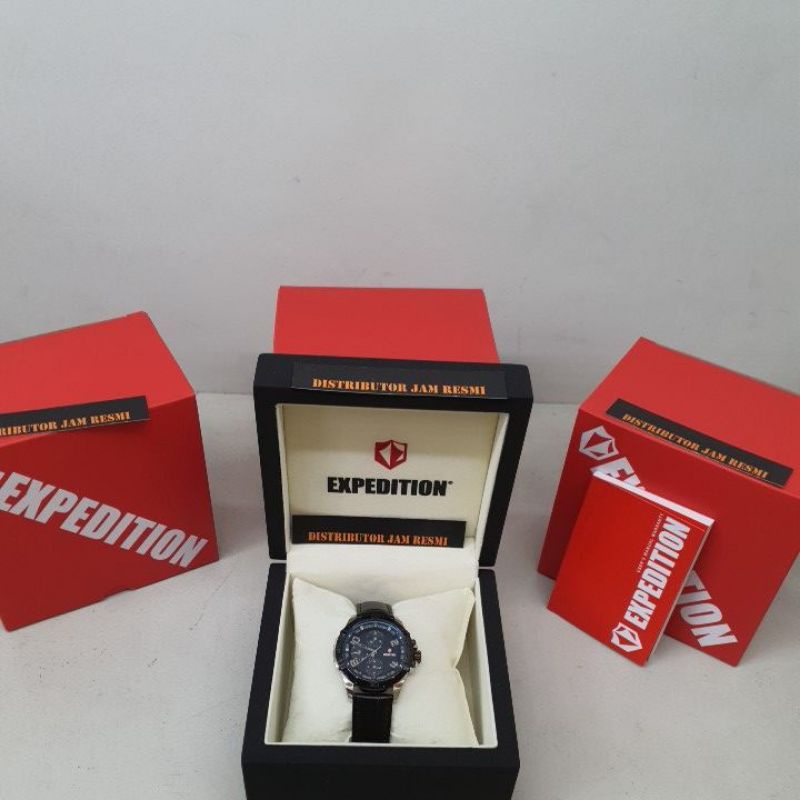 Jam Tangan Wanita Expedition E6763B E 6763 B E6763 B E 6763B Silver Dial Black Leather Cronograph