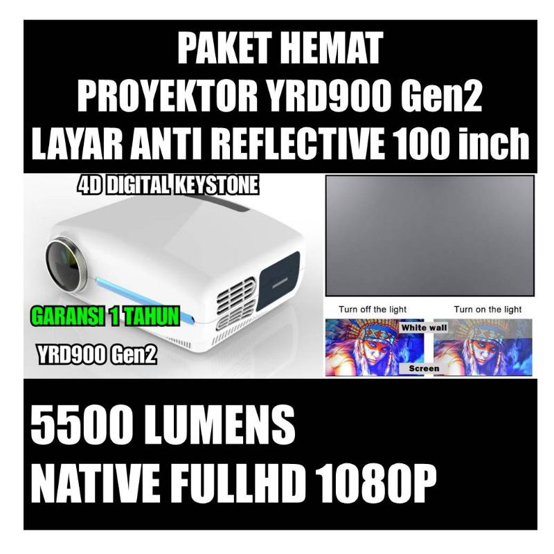 PAKET Yourday YRD900 Gen2 Proyektor LED LCD Projector 1080P FULL HD & LAYAR