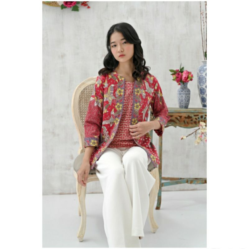 Atasan Blouse Batik Wanita Lengan 7/8 Edisi Imlek Warna Merah, 242 AUS / ACI#-8