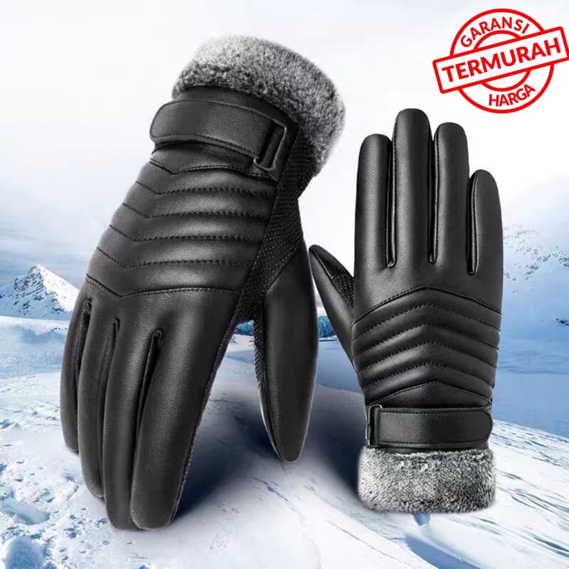 Sarung tangan winter pria gloves hangat musim dingin touchscreen kulit leather hitam black MEN