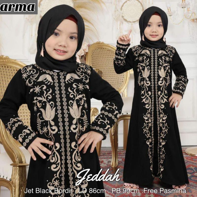 Baju Gamis Bordir Turkey Anak Abaya Hitam Free Pashmina