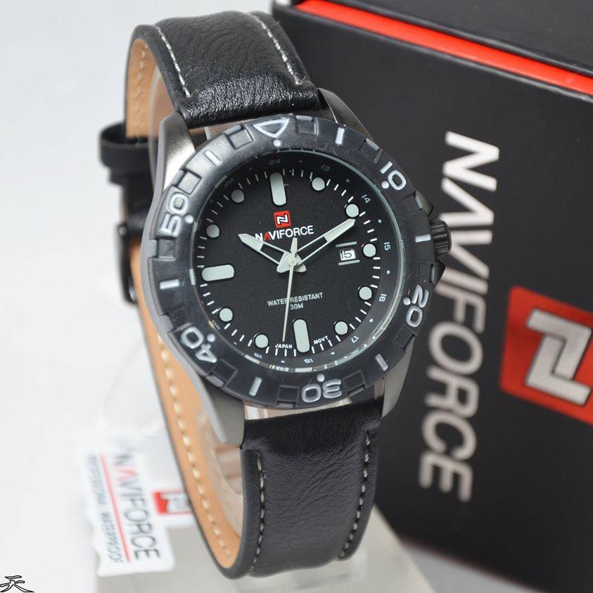 Jam Tangan Pria Naviforce Submariner Leather Black Grey Original arloji cowok laki Ori water resis