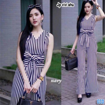 Vivi shu/Baju Terusan Celana Cewek Jumpsuit Salur Wanita Bahan Katun Size L