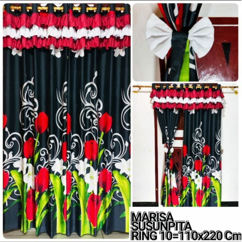 gorden smokering susun pita hitam / korden suspit black tulip / gorden rumbai ring bunga merah
