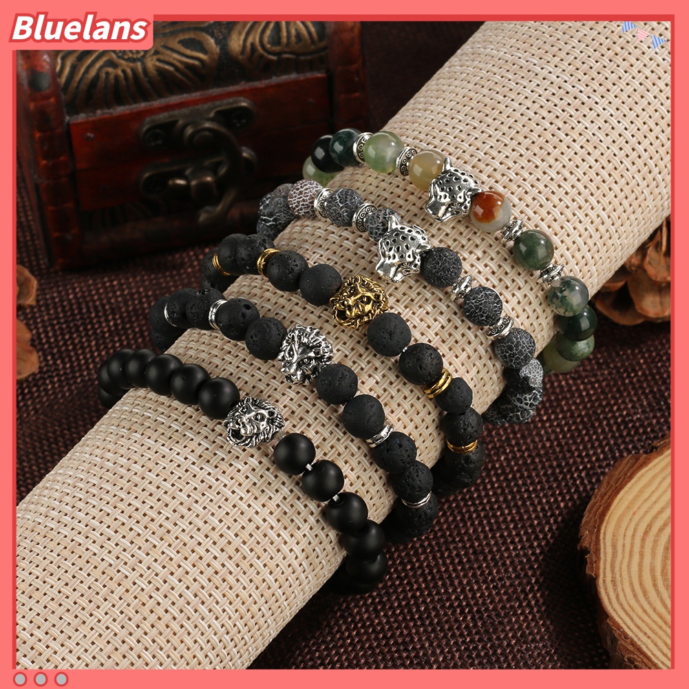 1pc Gelang Manik-Manik Batu Lava Adjustable Desain Kepala Singa Untuk Pria