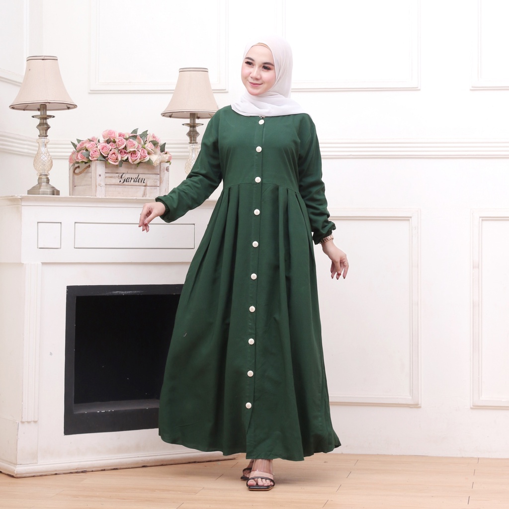 Gamis Syari Terbaru Rayon Premuim Polos Murah Lengan Panjang Busana Muslim Wanita  Remaja Dewasa Kekinian Wudhu Friendly-Hijau Botol