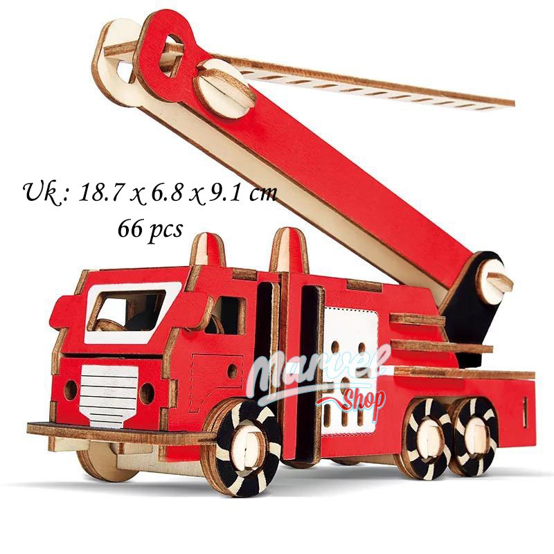Puzzle 3D bahan kayu model Fire Truck / Truk mobil pemadam kebakaran mainan puzzle edukasi anak