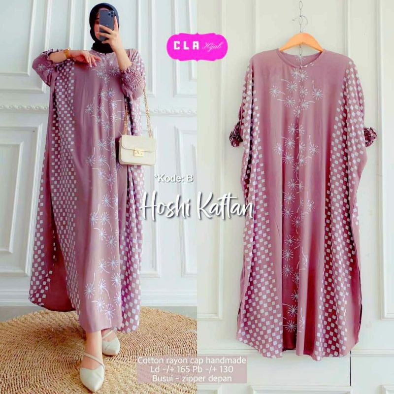 Kaftan Batik Cap Motif Modern Warna Pink Series Baju Gamis Kaftan Long Dress