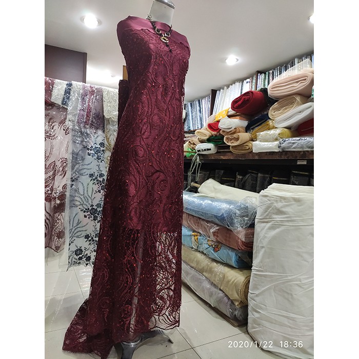 Kain Tille Brokat Akar  Maroon