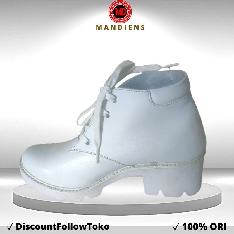 MANDIENS Sepatu Boots Wanita Kulit Asli Putih Keren Berkualitas Branded Model PDH Wanita Boots Resleting dan Boots Tali