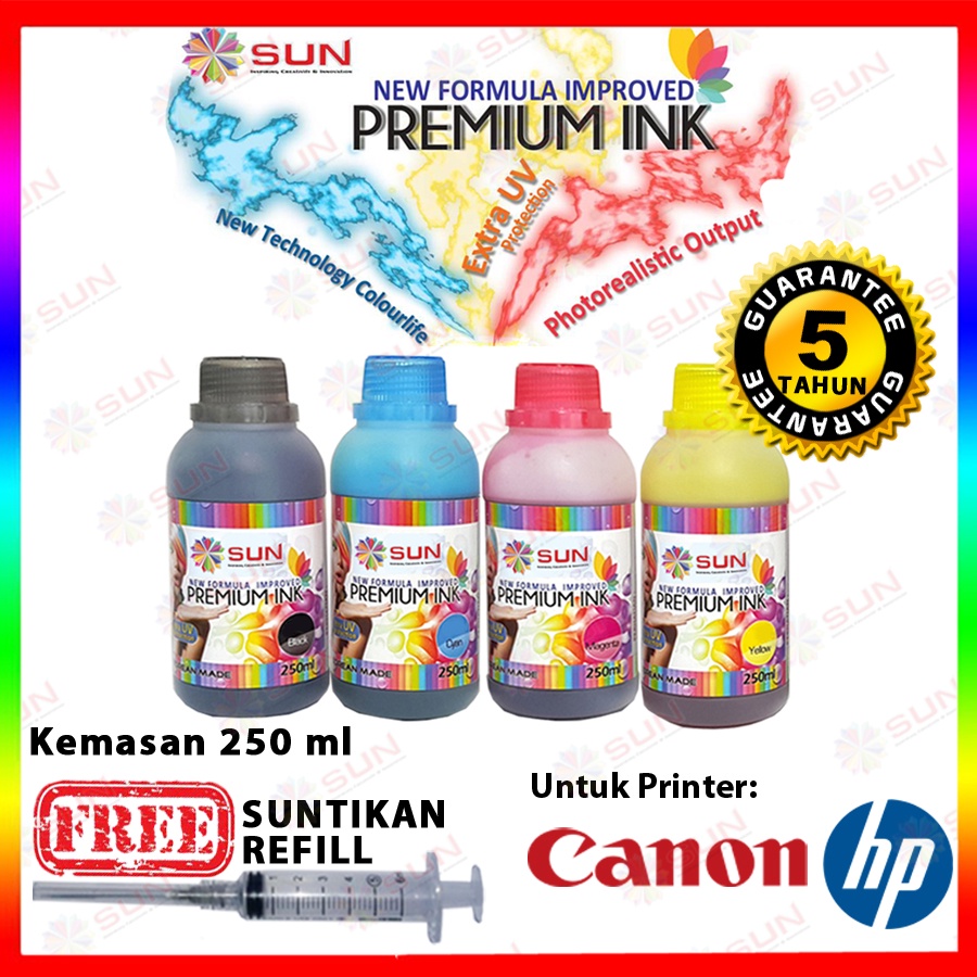 Tinta Refill Epson 003 664 673 / Tinta Canon IP2770 790 810 811 / Tinta Hp 678 680 GT52 GT53 - SUN Premium Ink NFI 250 ml