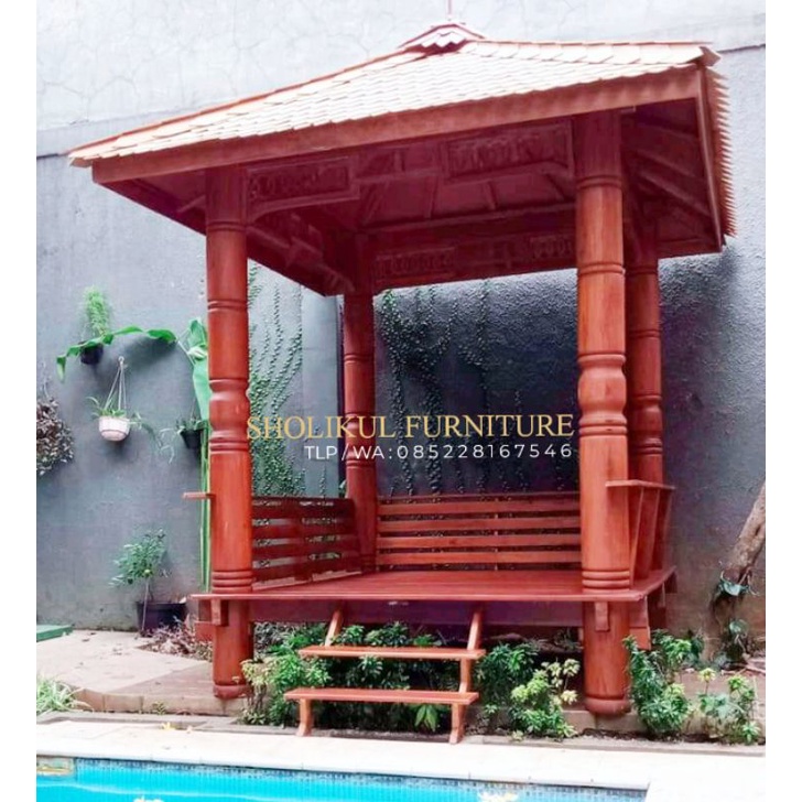 GAZEBO KOLAM ukuran 2m x 2m kayu jati atap sirap kayu ulin