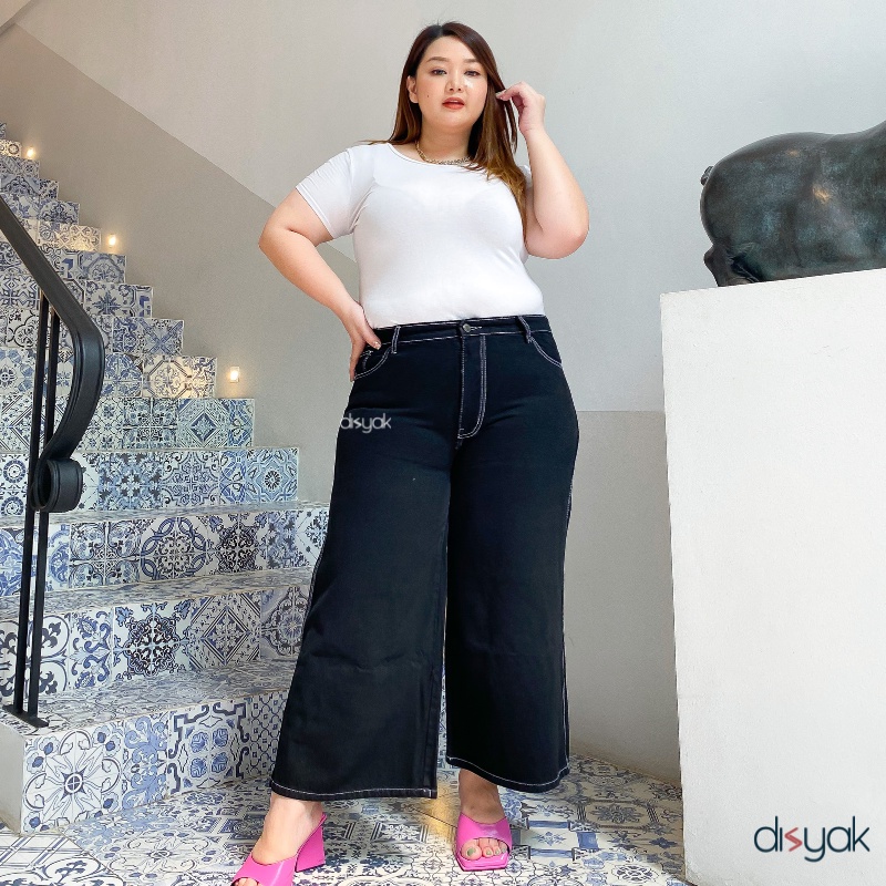 DISYAK - JUMBO Kulot Curvy High Waist Non Stretch Black Line 924