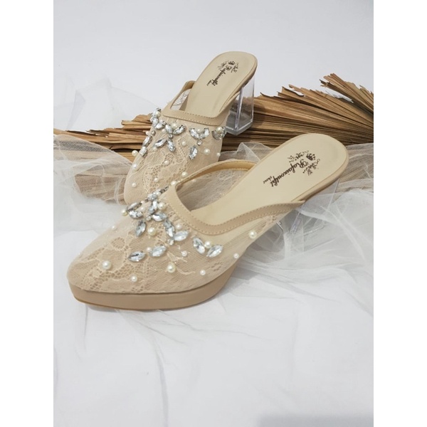 sepatu wedding shoes model lilysa wrna cream tinggi 7cm  kaca