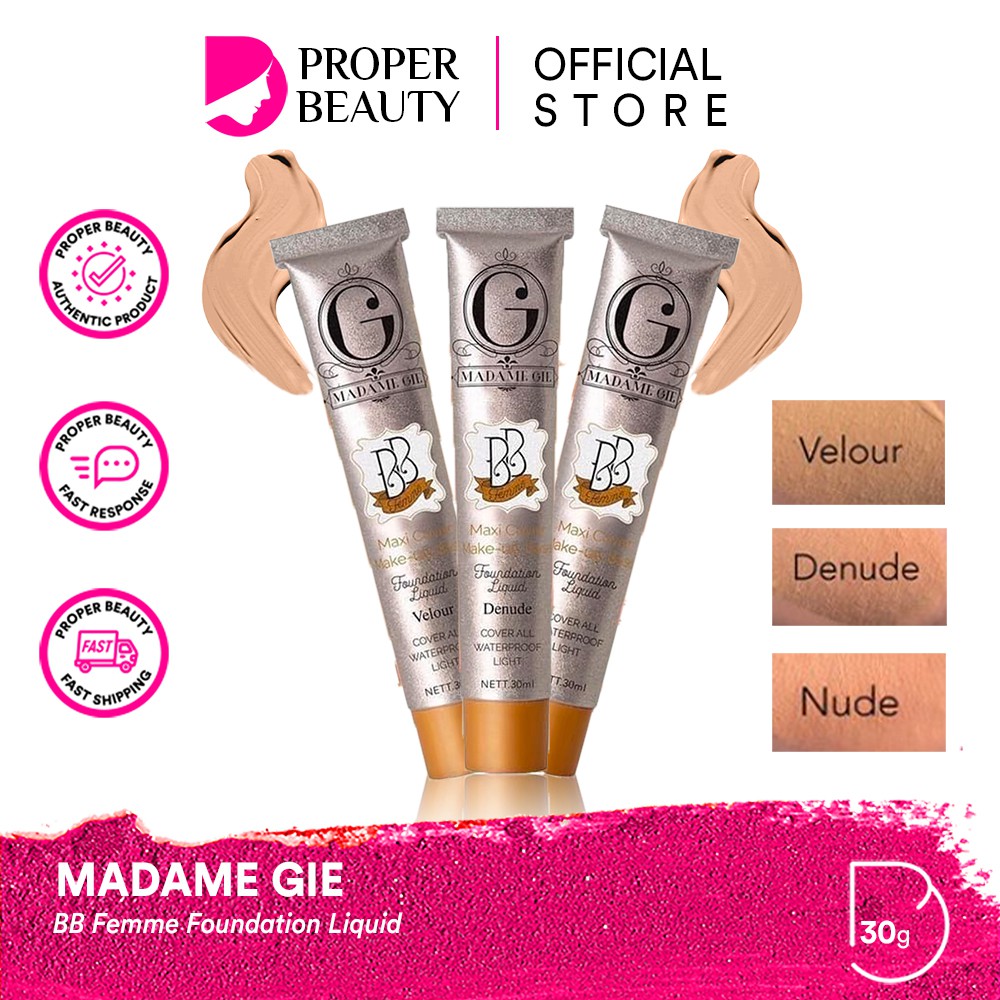 MADAME GIE BB Femme Foundation Liquid Indonesia / Primer Loose Powder Lipstick Eyeshadow Blush On Eyeliner Eyebrow Mascara Lipstick Lip Matte Gloss Balm Kutek / Facial Wash Toner Essence Serum Sunscreen Moisturizer Cream Mask Masker Body / Lipill Paket