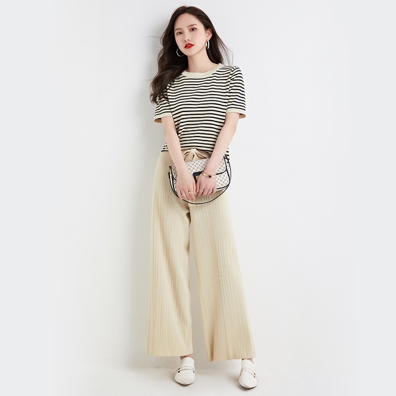 【Elegant】Korean Summer  Highwaist Long Pants &amp; Short Sleeve T-Shirt One Set   7479