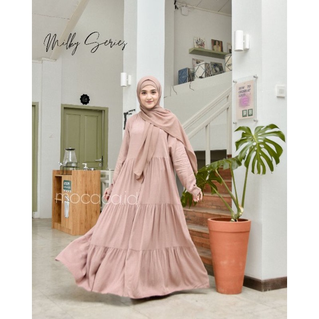 Dress Polo Lady katun Rayon Twill Premium busui wudhu friendly full kancing jumbo cokelat caramel