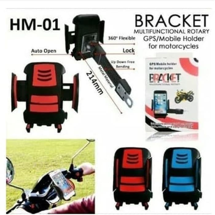 Holder Hm-01 handphone Sepeda Motor Braket Dudukan HP GPS Mount Jepit Universal Motorcycle Bracket [QTOP]