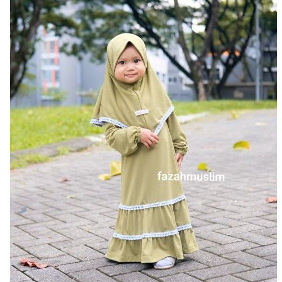 Gamis Bayi Set Hijab, gamis pompom bayi, baju muslim aqiqoh bayi, gamis renda bayi