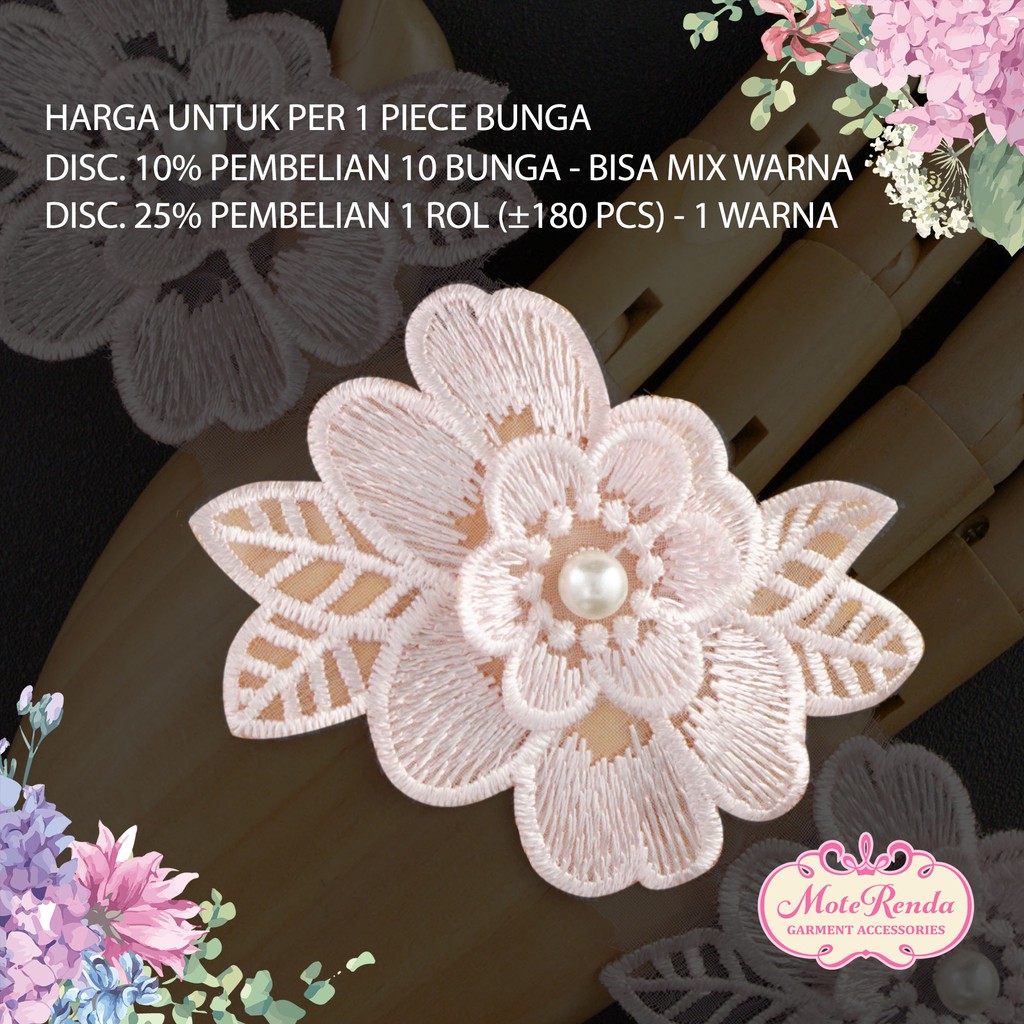 Renda bunga mutiara, size 7x9cm (harga per bunga) kode 5AKA70