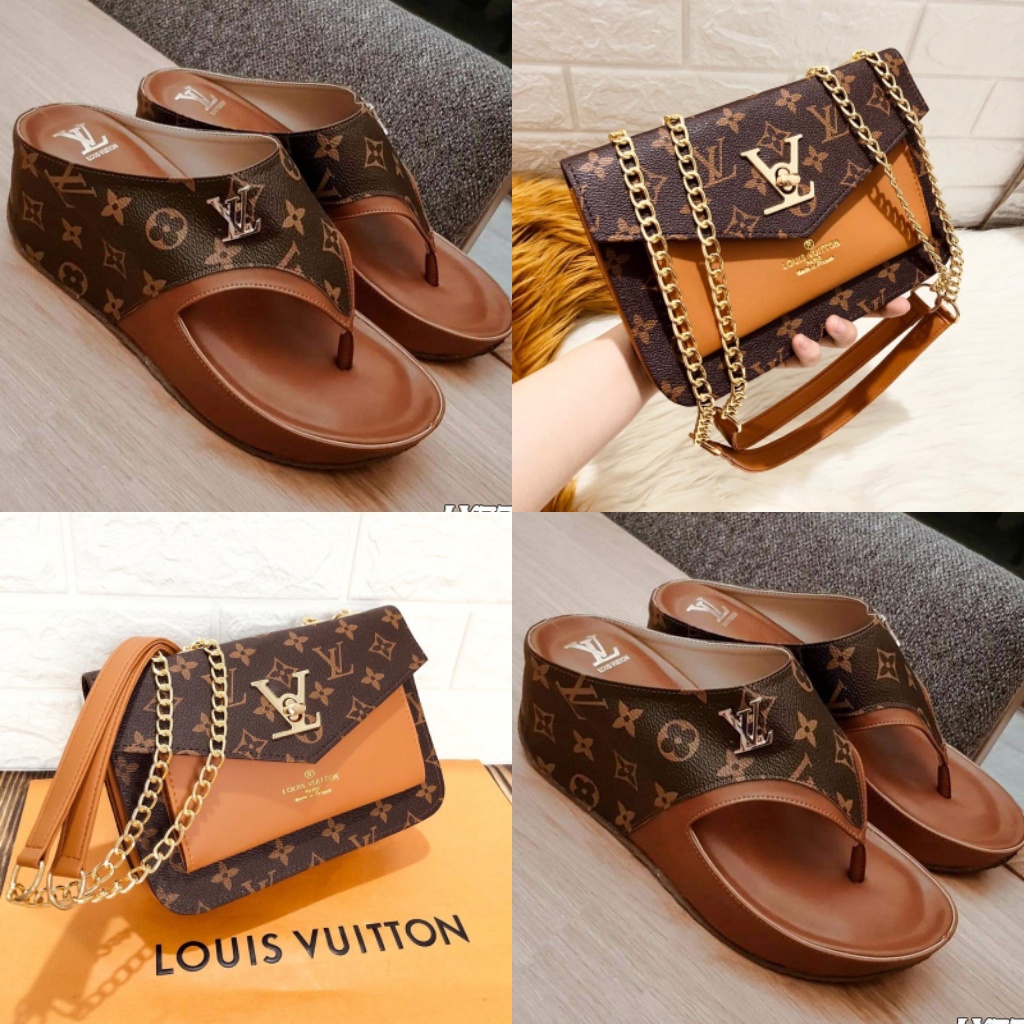 Paket hadiah lebaran sandal wedges dan tas selempang rantai emas dini amnita