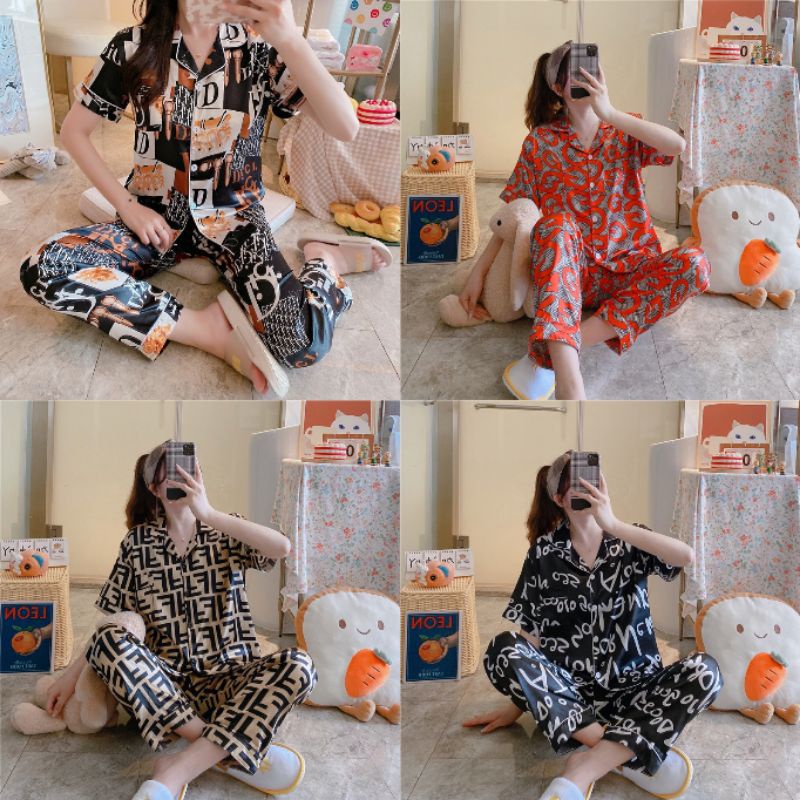 Setelan Piyama Wanita Impor / Baju Tidur Wanita Lengan Pendek Celana Panjang / Baju Tidur Berkerah