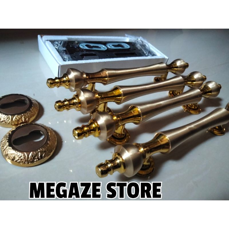 Paket Lengkap Handle Pintu Kuningan 4 Pcs+Body Kunci+Lubang Kunci