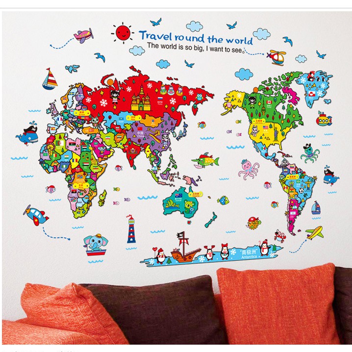 Reliza Wall Sticker Peta Dunia Map Travel Round the World Stiker Dinding  LDR9261