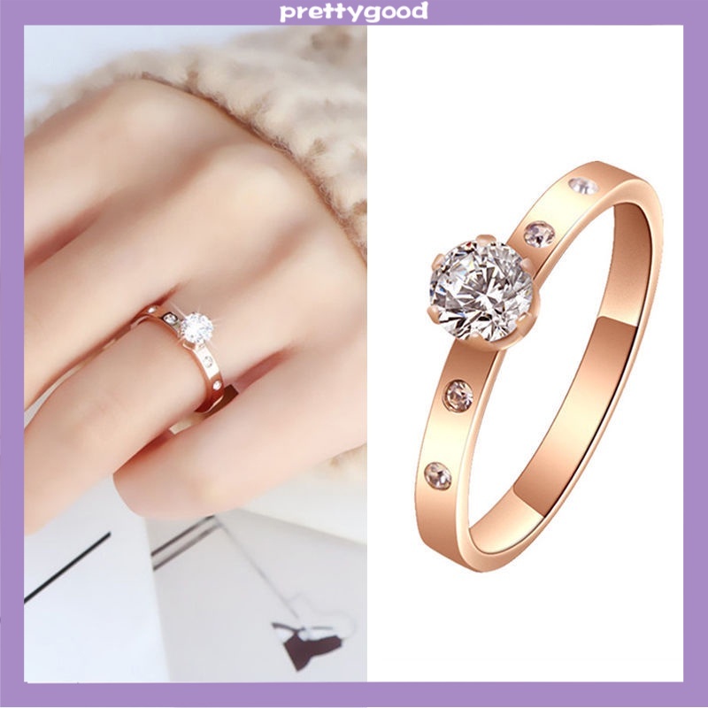 Cincin Berlian Imitasi Bahan Titanium Warna Rose Gold Untuk Wanita - PD