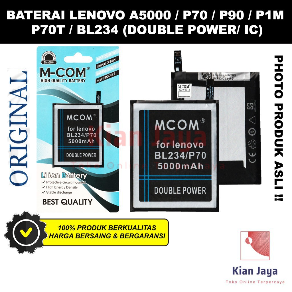 MCOM Baterai Hp Lenovo A5000 / P70 / P70T / P90 / P1M BL234 Original Double Power Batre Battery Ori