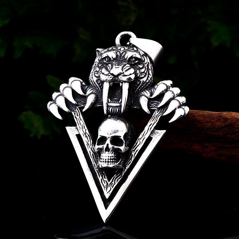 Retro fashion sword tooth tiger triangle Skull Pendant Necklace punk men's jewelry