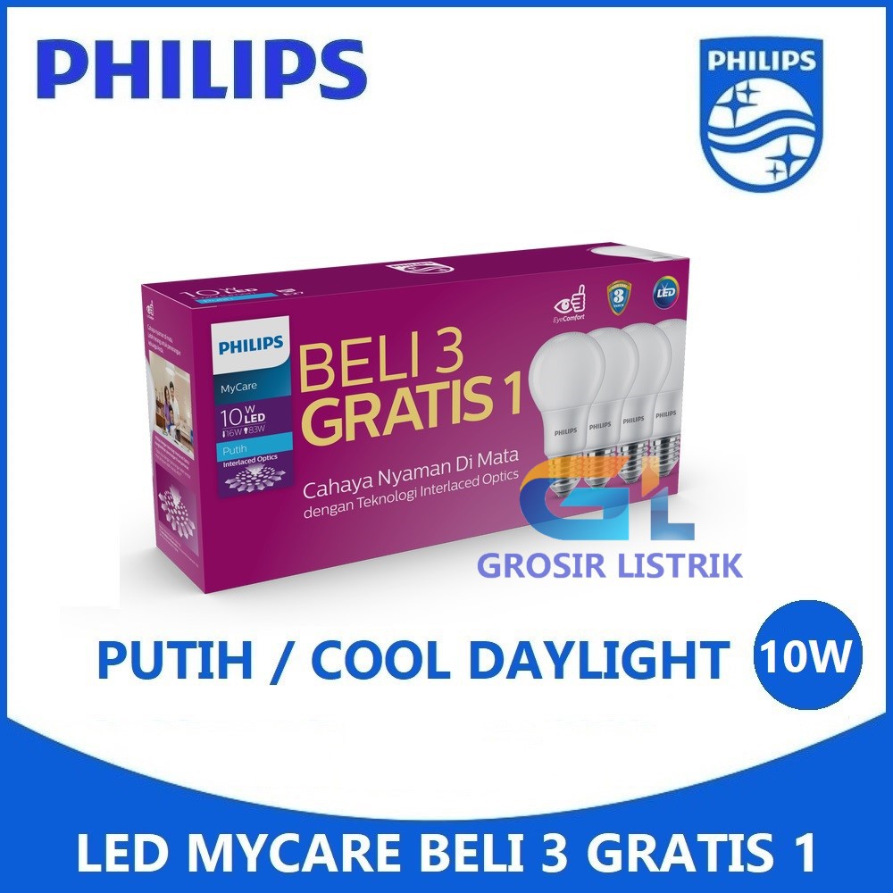 Lampu Philips LED Bulb MyCare Multipack 10W Putih (Paket 10 Watt W Beli 3 Gratis 1) LEDBulb Grosir